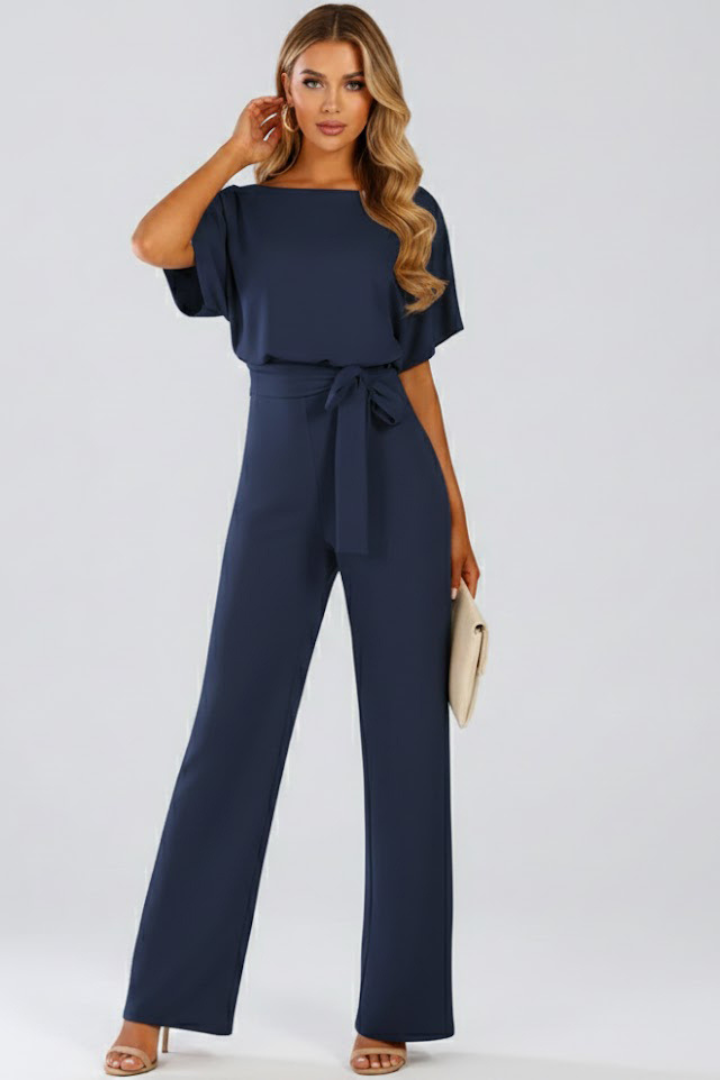Carmel Belted Wide-Leg Short Sleeve Jumpsuit