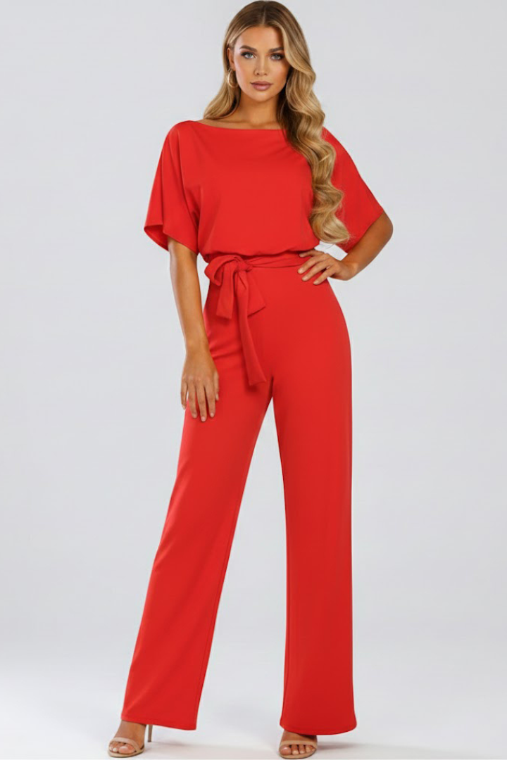 Carmel Belted Wide-Leg Short Sleeve Jumpsuit
