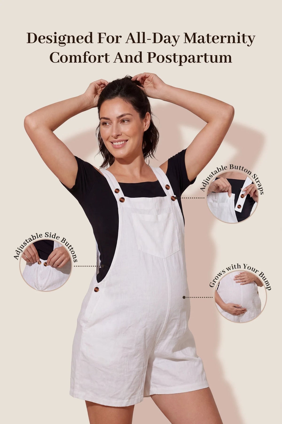 Adjustable-Waist Maternity Short Overalls with Pockets