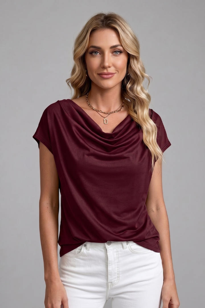 Savannah Draped Cowl Neck Short Sleeve Blouse