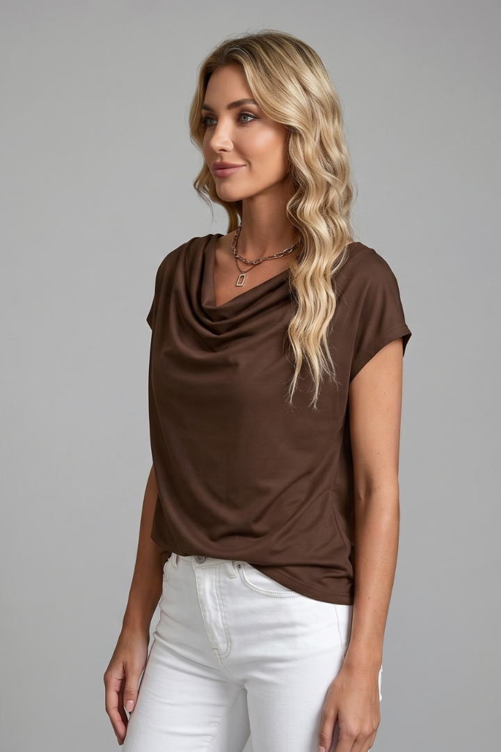 Savannah Draped Cowl Neck Short Sleeve Blouse