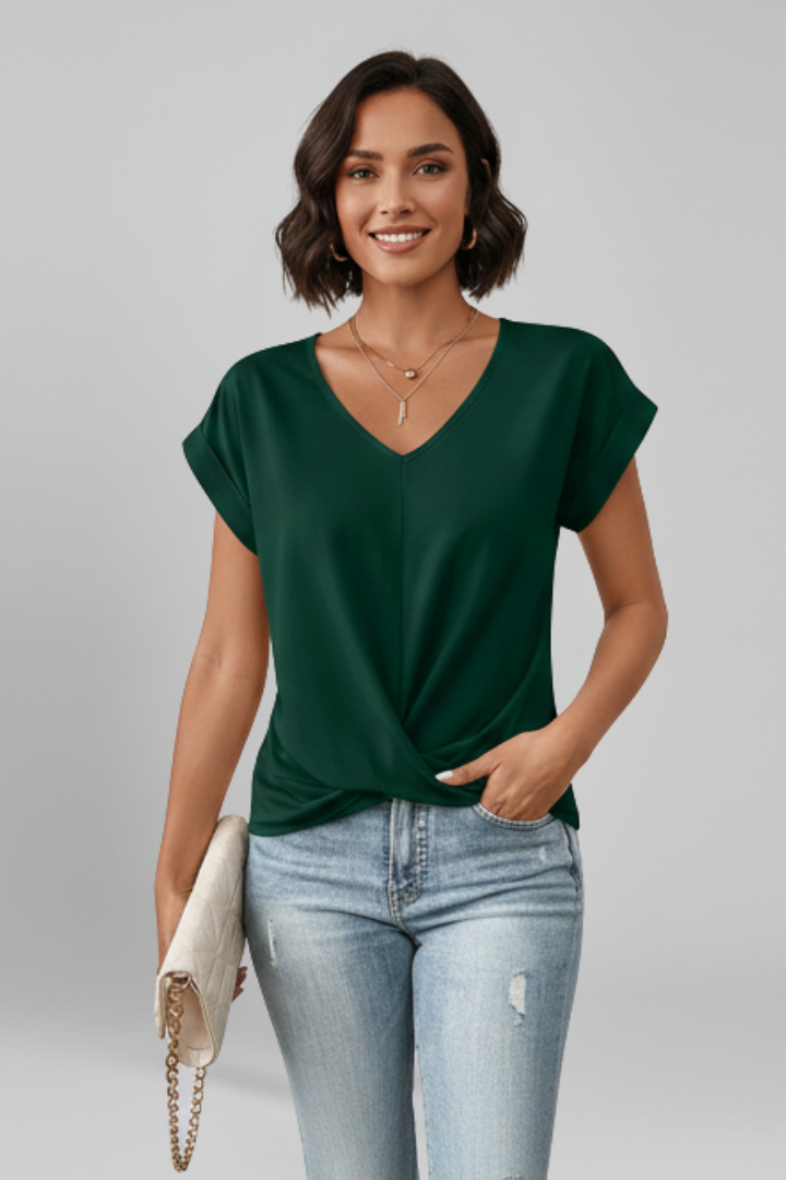 Relaxed V-Neck Short Sleeve Pull-On Blouse