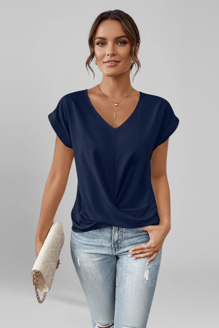 Relaxed V-Neck Short Sleeve Pull-On Blouse