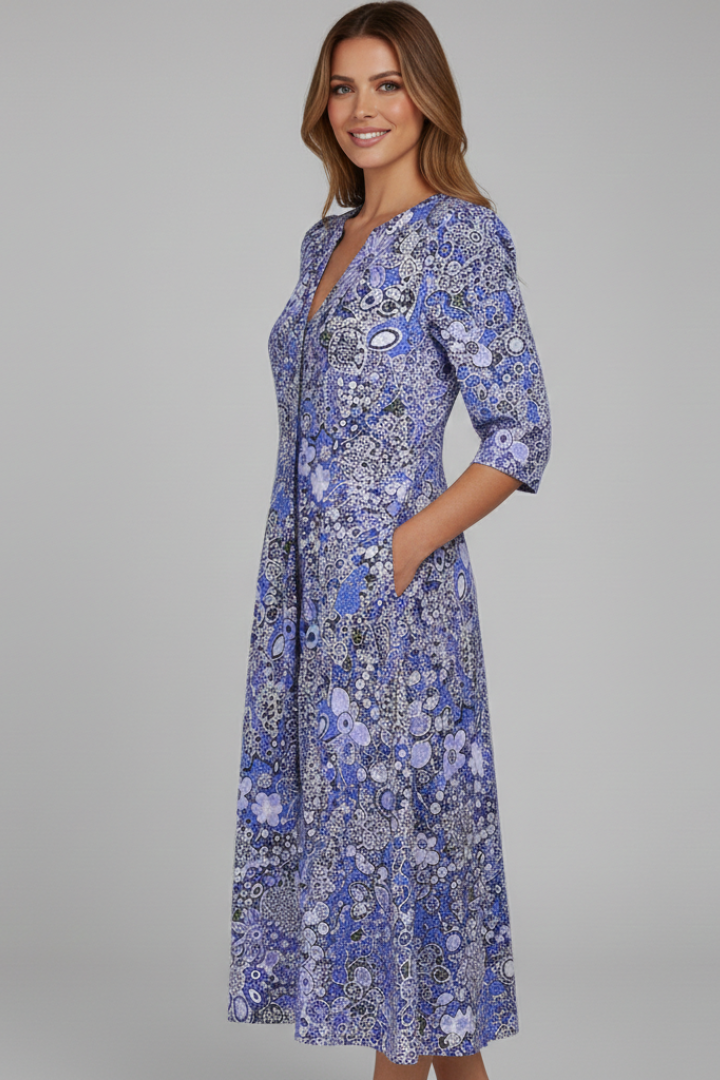 Printed V-Neck Midi Dress with Three-Quarter Sleeves