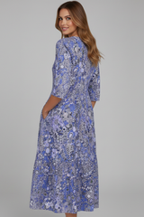 Printed V-Neck Midi Dress with Three-Quarter Sleeves