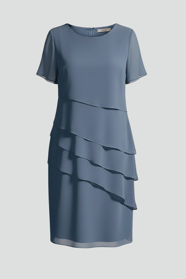 Laguna Layered-Front Short Sleeve Knee-Length Dress