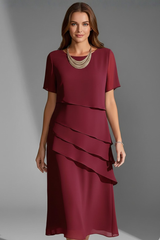 Laguna Layered-Front Short Sleeve Knee-Length Dress