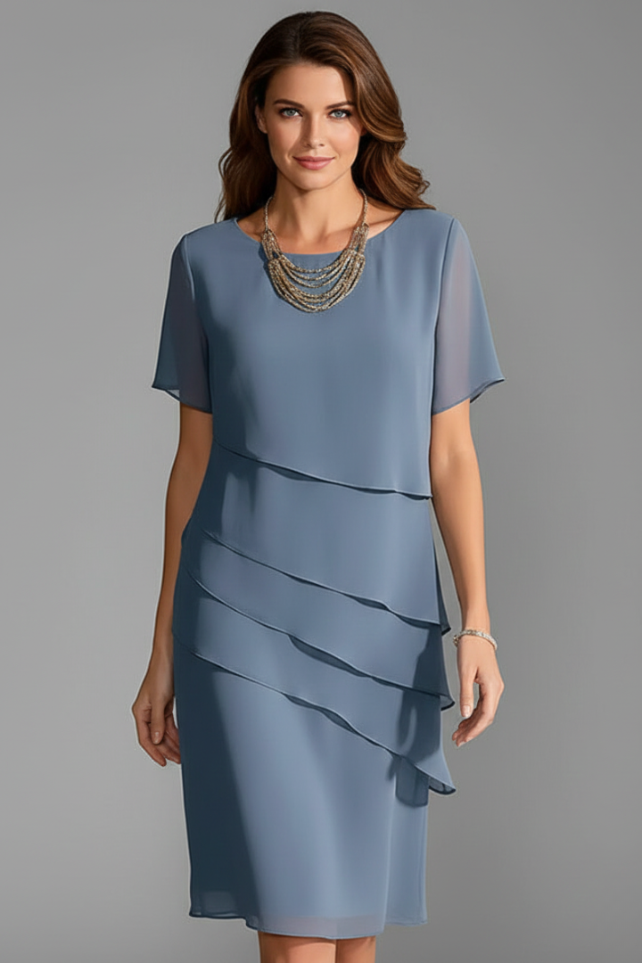 Laguna Layered-Front Short Sleeve Knee-Length Dress
