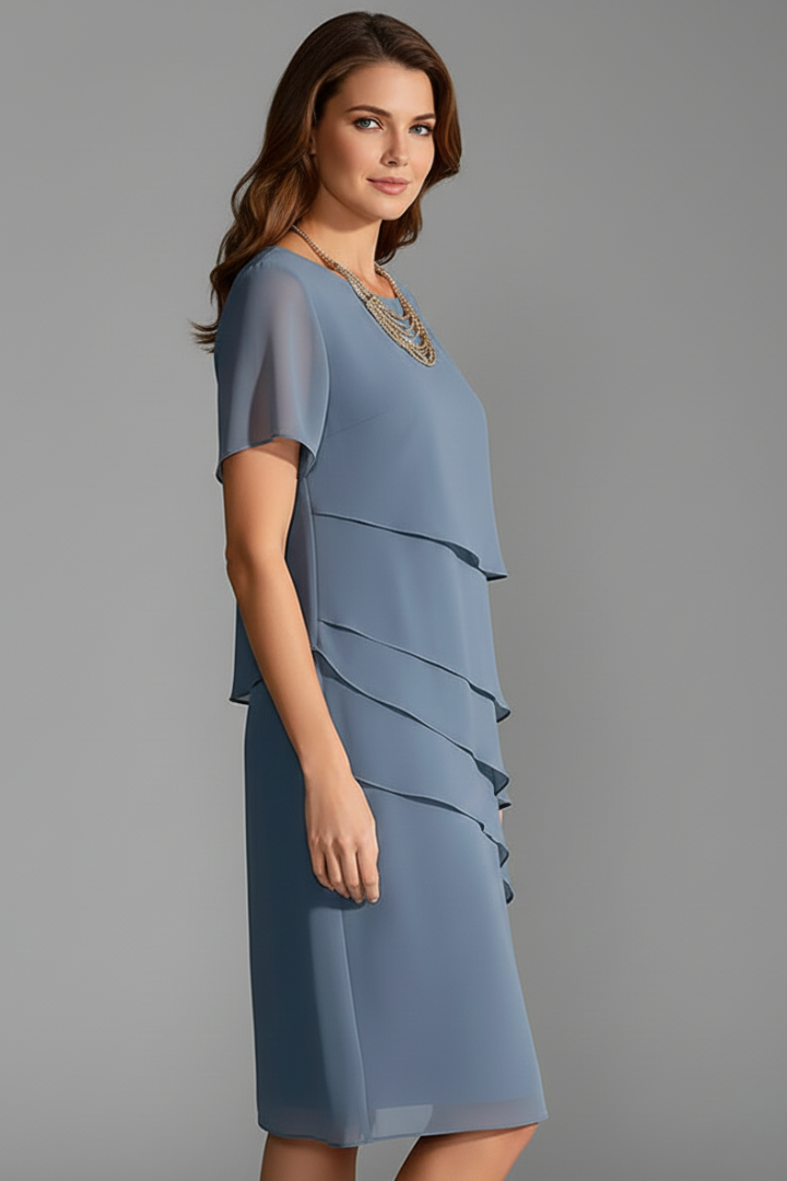 Laguna Layered-Front Short Sleeve Knee-Length Dress