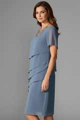 Laguna Layered-Front Short Sleeve Knee-Length Dress