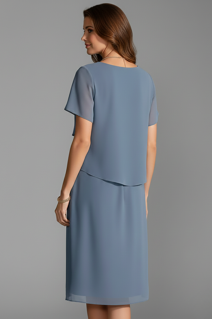 Laguna Layered-Front Short Sleeve Knee-Length Dress