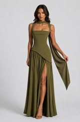 Sculpted Satin-Feel Draped Maxi Dress with Side Slit