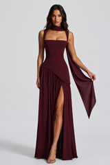 Sculpted Satin-Feel Draped Maxi Dress with Side Slit