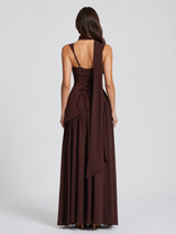 Sculpted Satin-Feel Draped Maxi Dress with Side Slit