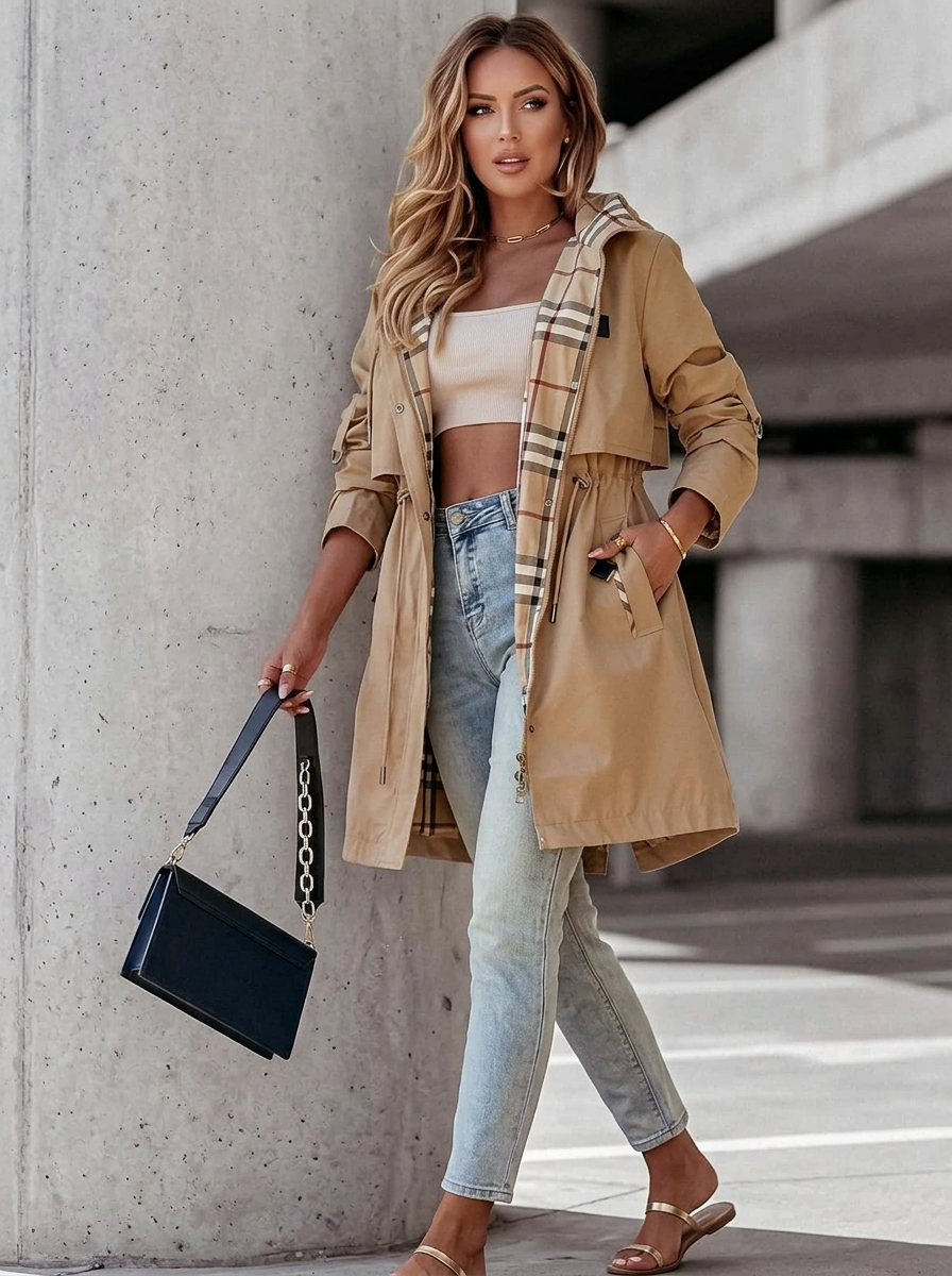 Women's Drawstring Trench Coat with Plaid-Lined Hood