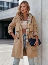 Women's Drawstring Trench Coat with Plaid-Lined Hood