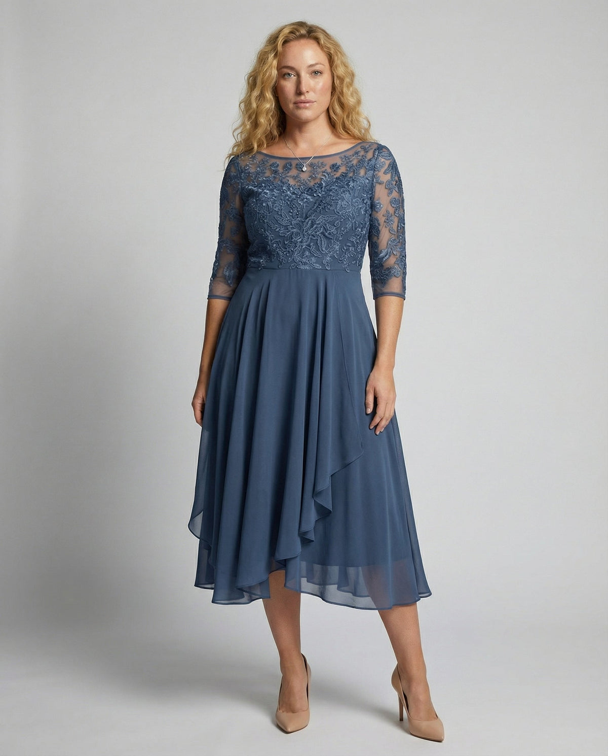Meadow Embroidered Tiered Midi Dress with 3/4 Sleeves