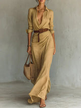 Hudson Belted Ruched Maxi Shirt Dress with Long Sleeves