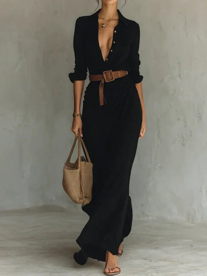 Hudson Belted Ruched Maxi Shirt Dress with Long Sleeves