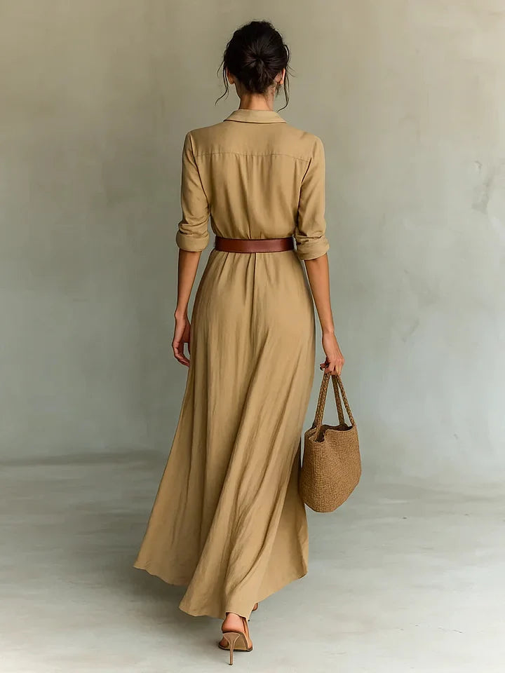 Hudson Belted Ruched Maxi Shirt Dress with Long Sleeves