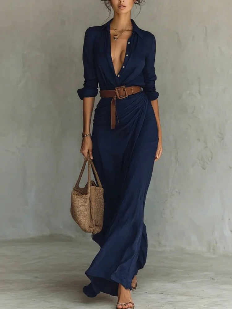 Hudson Belted Ruched Maxi Shirt Dress with Long Sleeves