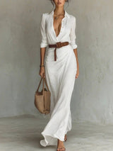 Hudson Belted Ruched Maxi Shirt Dress with Long Sleeves
