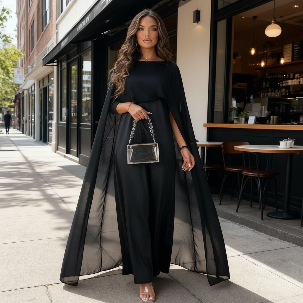 Solano Satin Cape Maxi Dress with Boat Neck