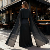 Solano Satin Cape Maxi Dress with Boat Neck