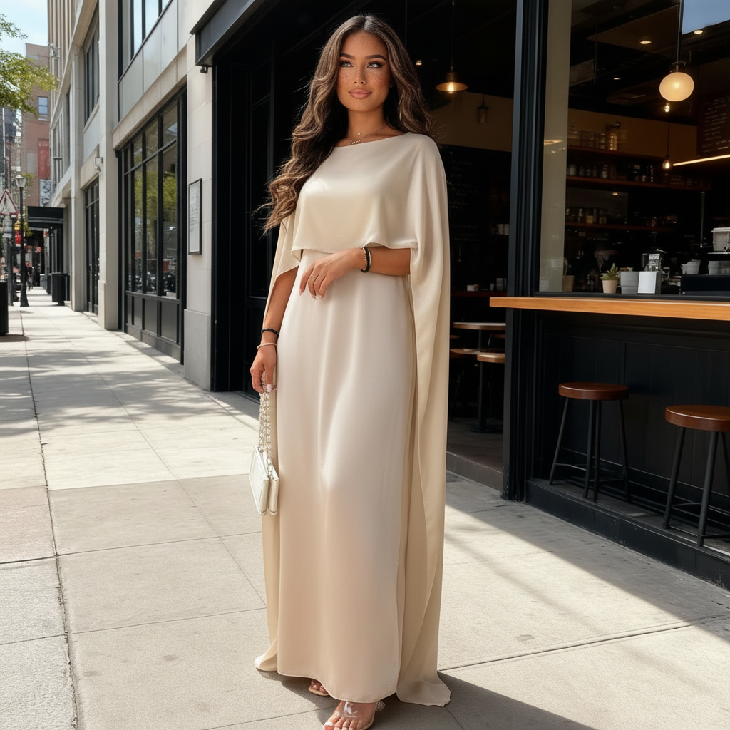Solano Satin Cape Maxi Dress with Boat Neck