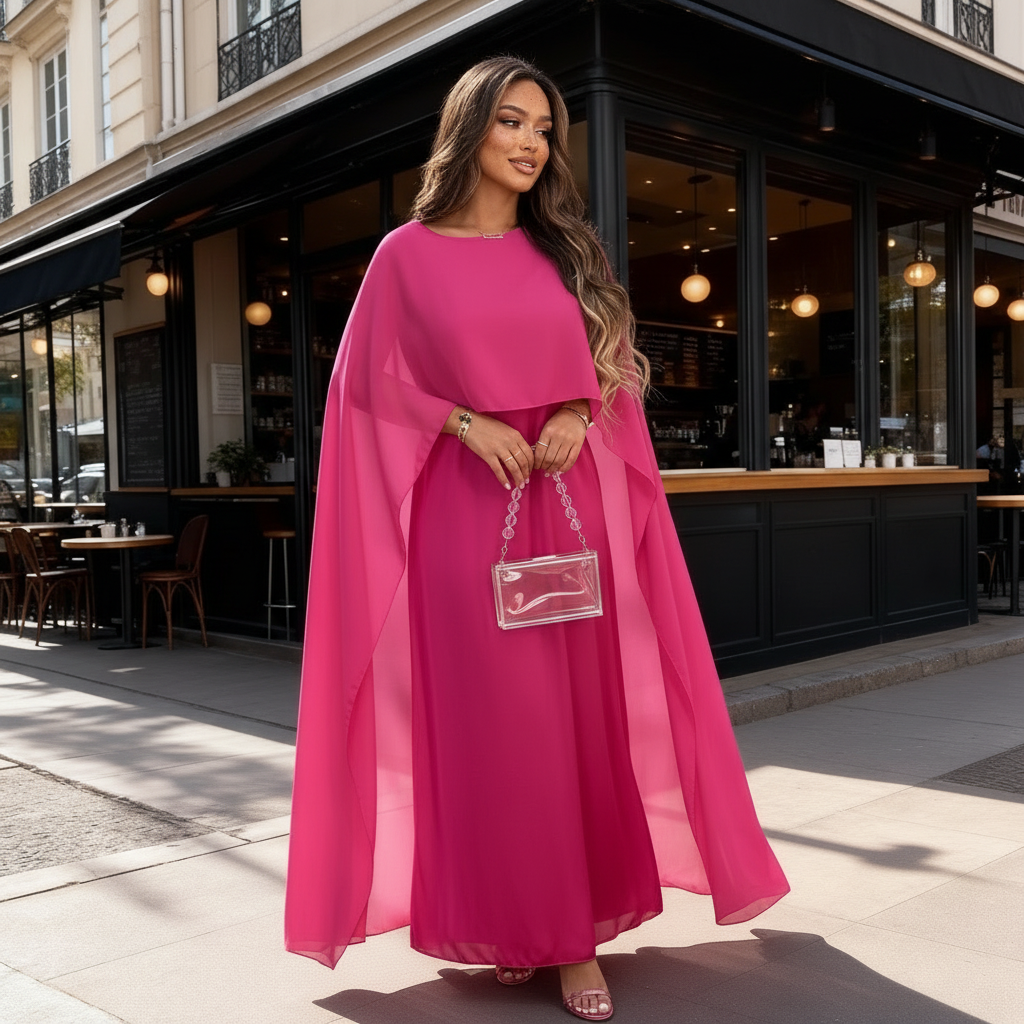 Solano Satin Cape Maxi Dress with Boat Neck