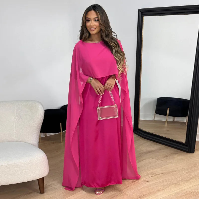 Solano Satin Cape Maxi Dress with Boat Neck