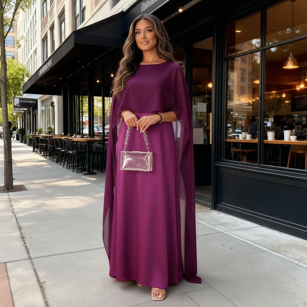 Solano Satin Cape Maxi Dress with Boat Neck