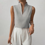 Striped Sleeveless Stand Collar Top