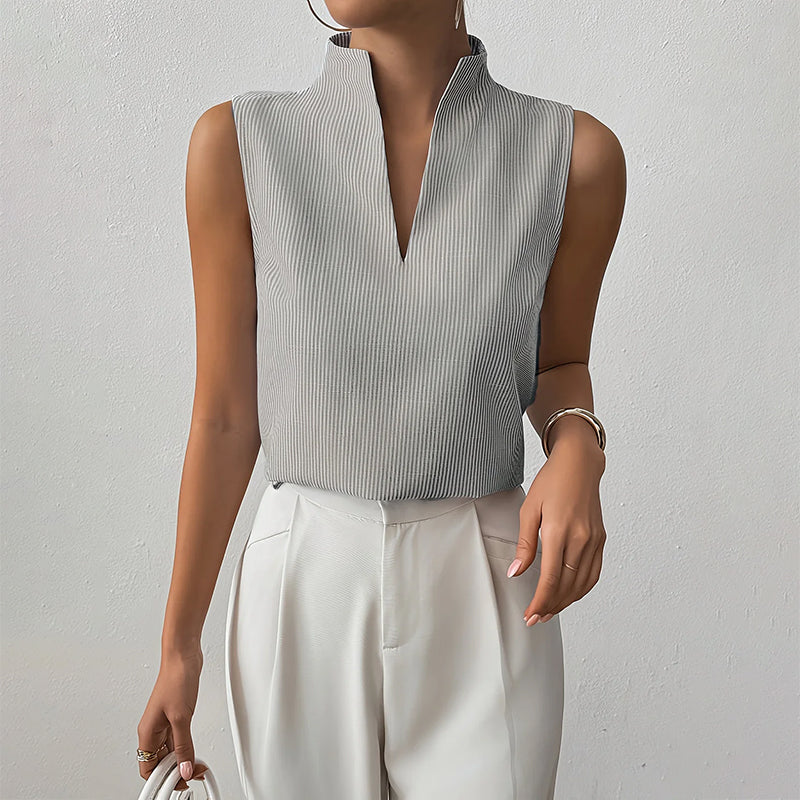 Striped Sleeveless Stand Collar Top