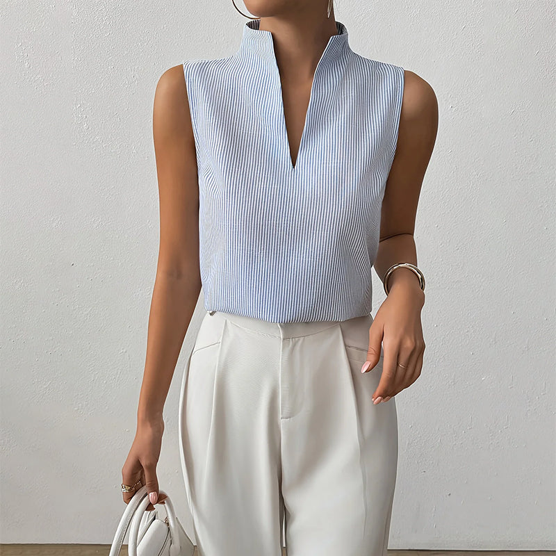 Striped Sleeveless Stand Collar Top