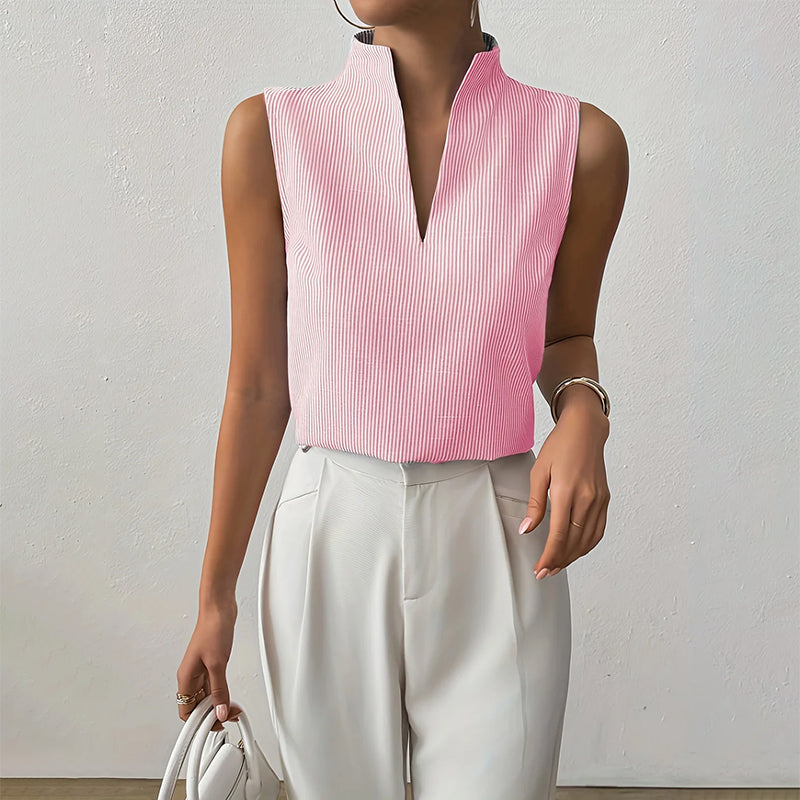 Striped Sleeveless Stand Collar Top