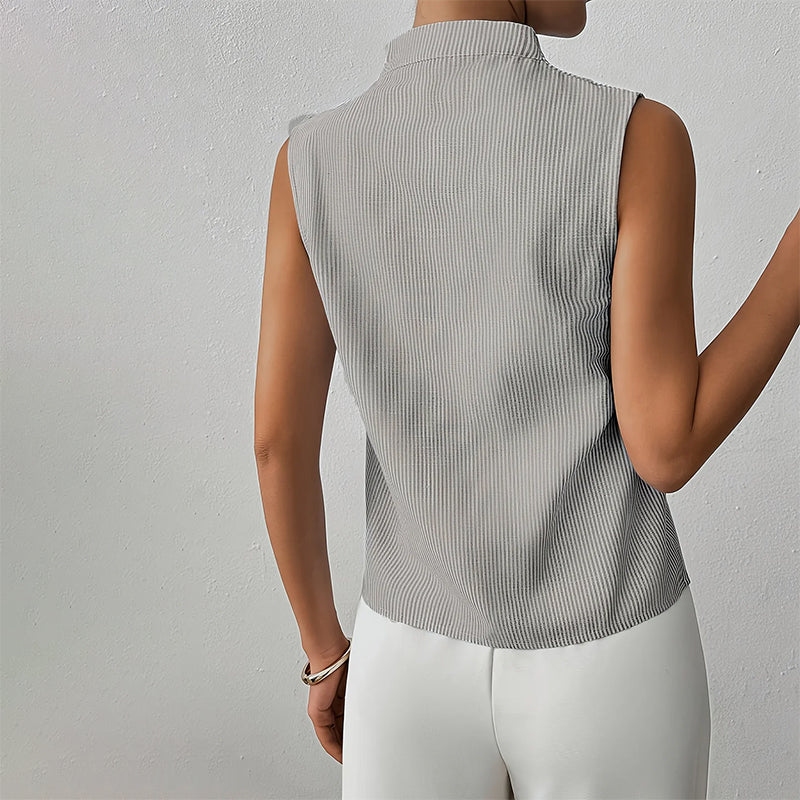 Striped Sleeveless Stand Collar Top