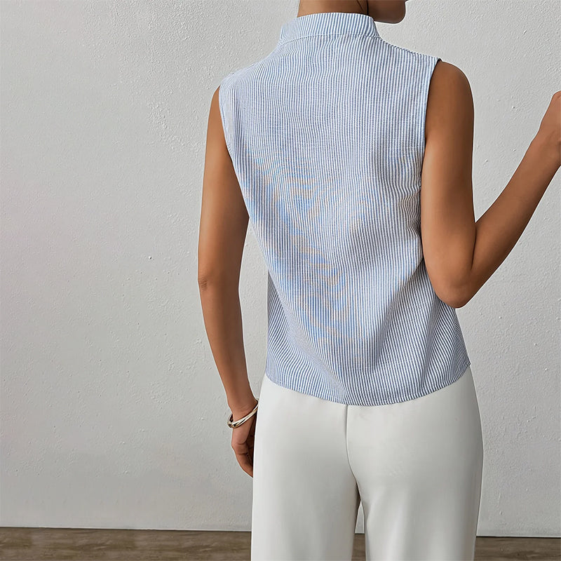 Striped Sleeveless Stand Collar Top