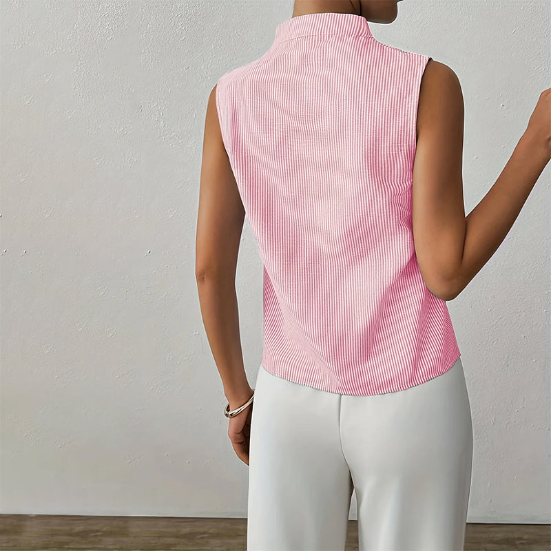 Striped Sleeveless Stand Collar Top