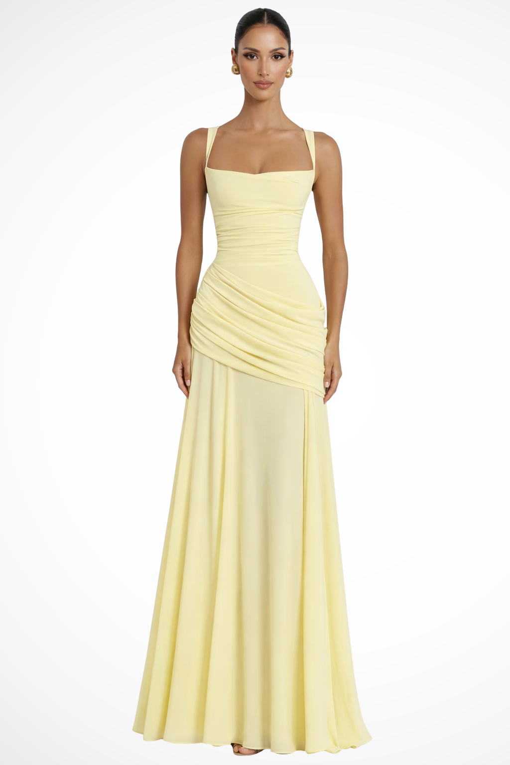 Berkshire Square Neck Ruched Maxi Dress with Draped Skirt