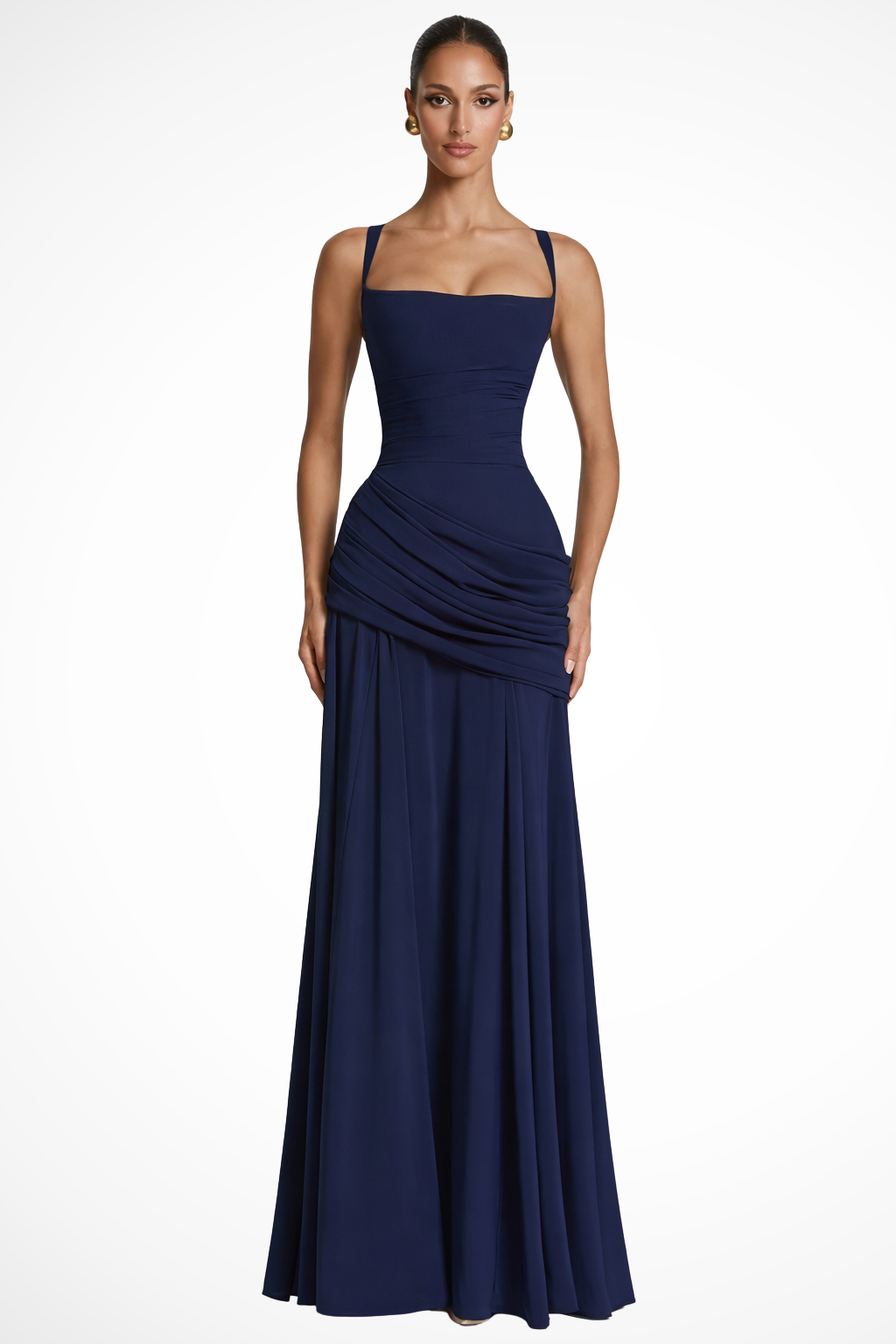 Berkshire Square Neck Ruched Maxi Dress with Draped Skirt