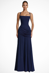 Berkshire Square Neck Ruched Maxi Dress with Draped Skirt