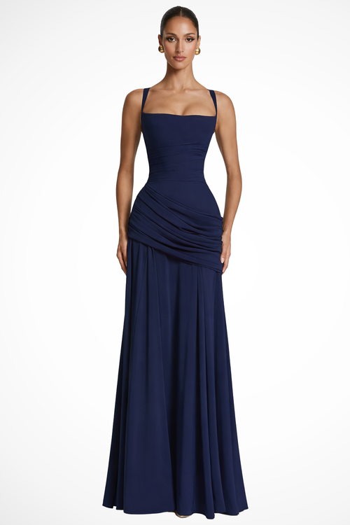 Berkshire Square Neck Ruched Maxi Dress with Draped Skirt