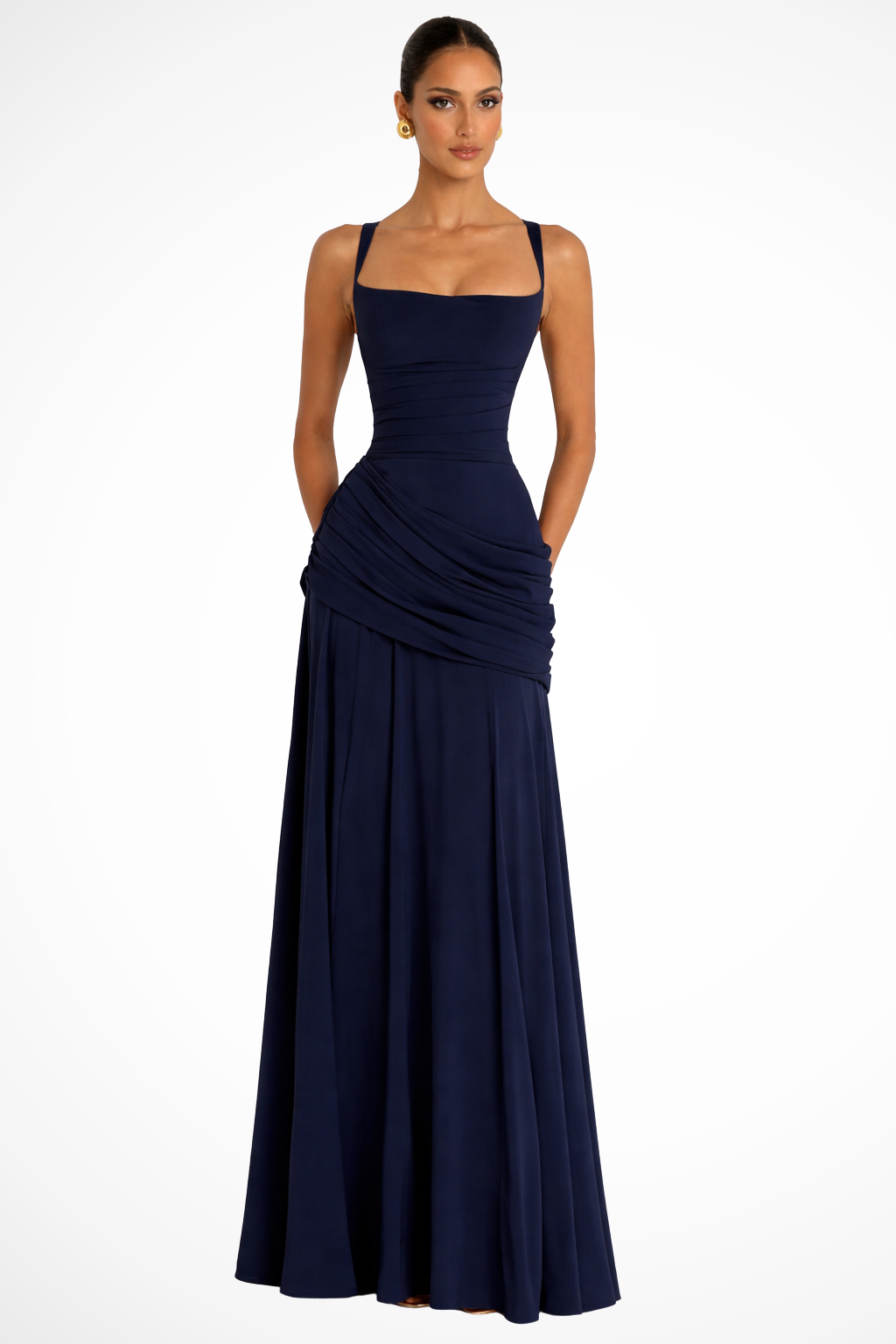 Berkshire Square Neck Ruched Maxi Dress with Draped Skirt