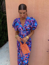 Aurora Puff Sleeve Ruched Midi Dress with V-Neck
