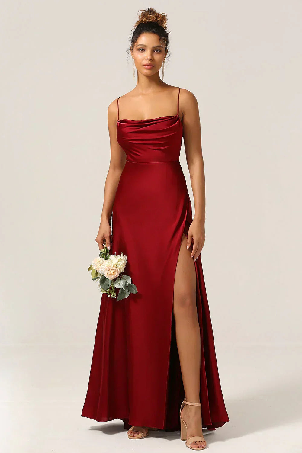 Havana Satin Maxi Evening Dress with High Slit and Open Back