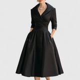 Morro Bay Wrap V-Neck Midi Dress with 3/4 Sleeves and Pockets