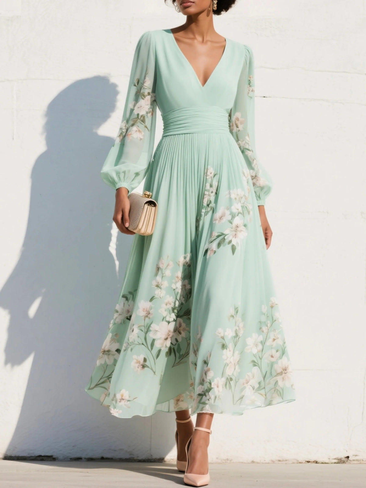 Biscayne Floral V-Neck Pleated Midi Dress