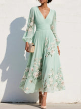 Biscayne Floral V-Neck Pleated Midi Dress