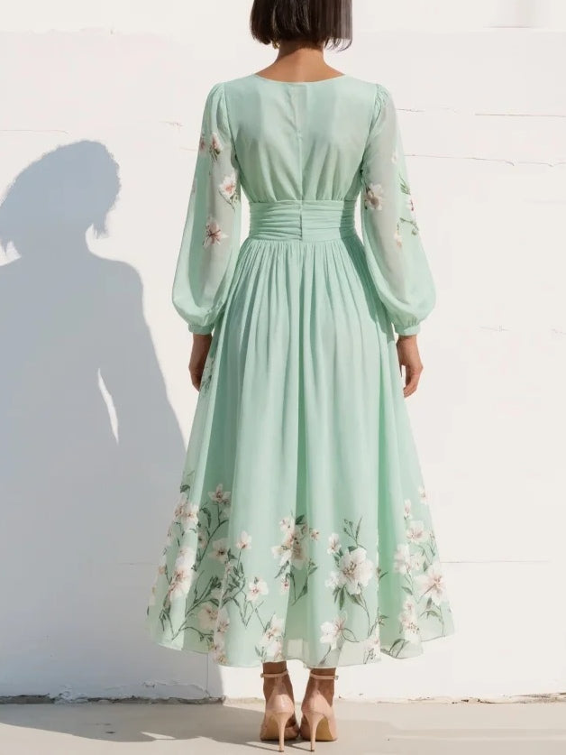 Biscayne Floral V-Neck Pleated Midi Dress